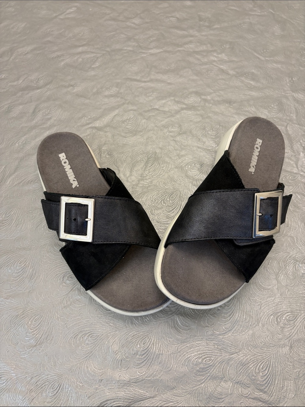 Romika Black Buckle Cross-Strap Slide Mules